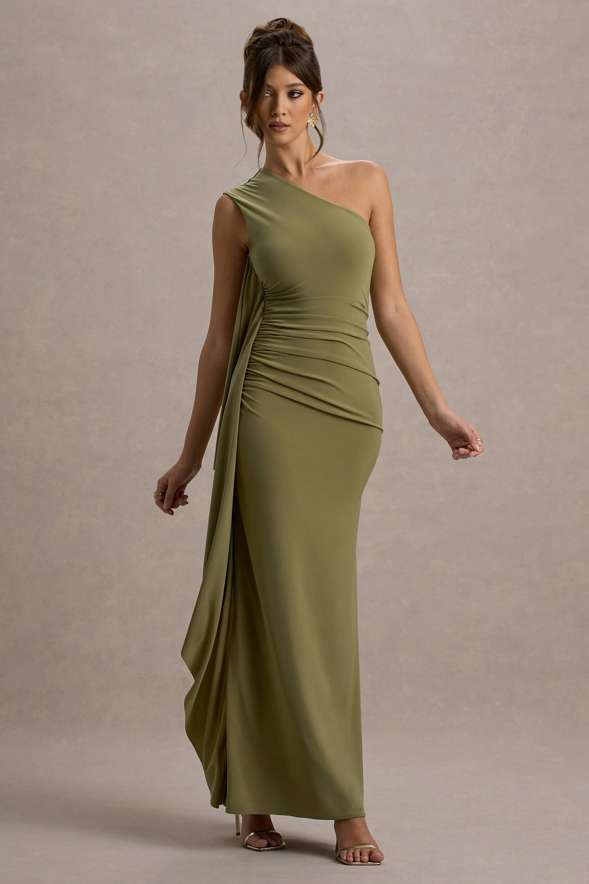 Adelina | Olives One-Shoulder-Maxikleid mit Drapierung - Image 4