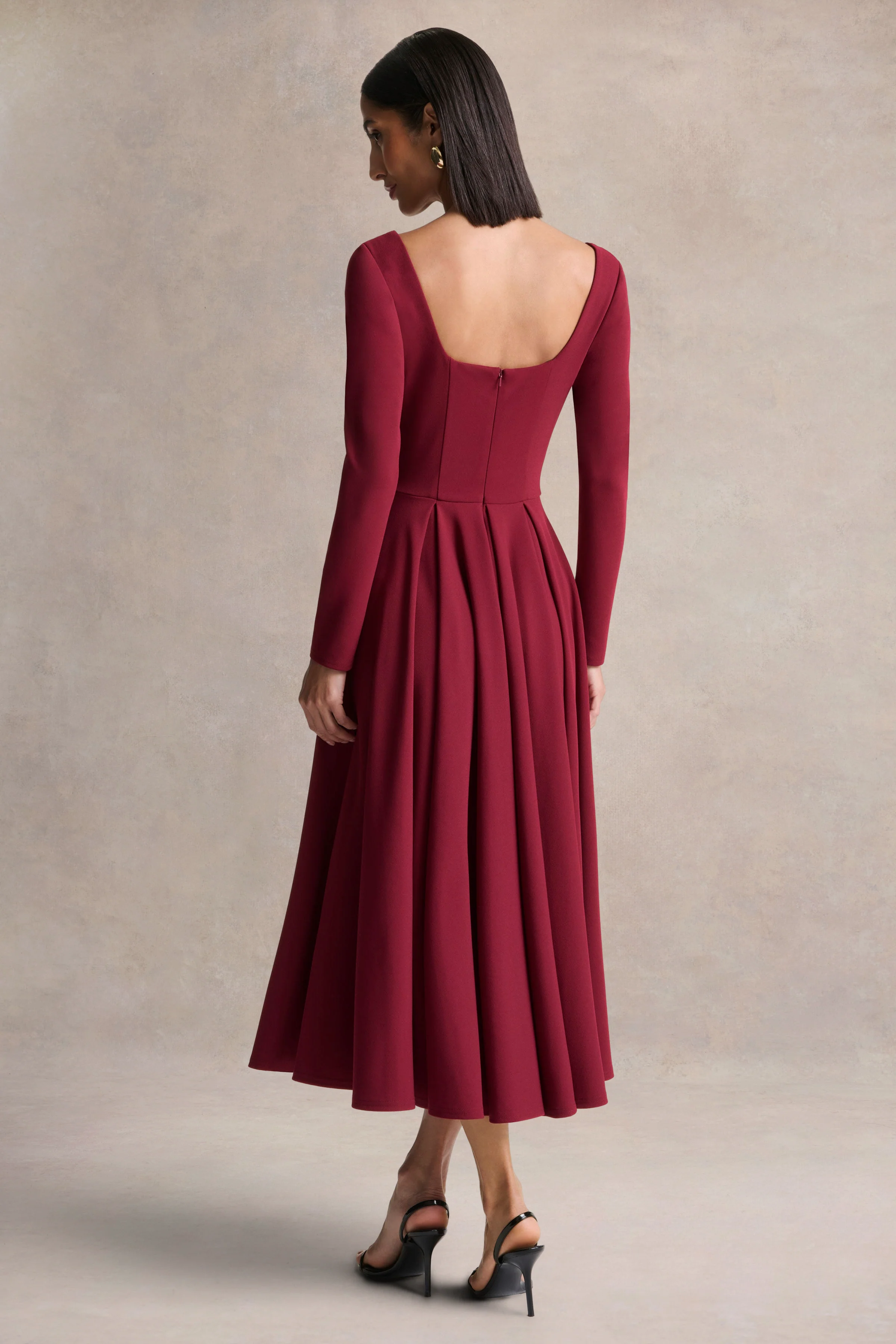 Alison | Burgunderfarbenes Midikleid mit eckigem Ausschnitt und A-Linien-Schnitt - Image 2