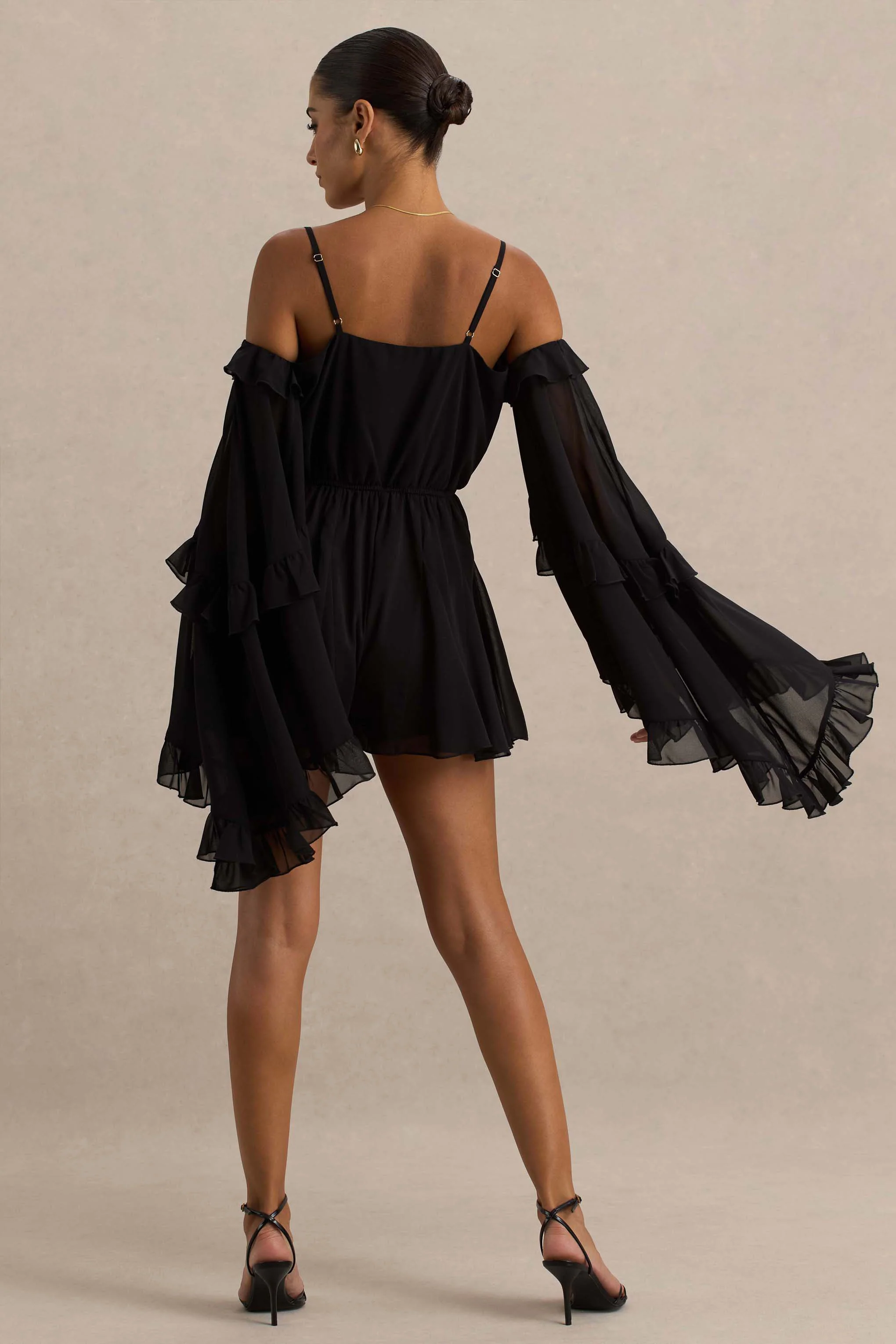 Anaya | Schwarzer Chiffon-Playsuit mit langen Ärmeln - Image 2