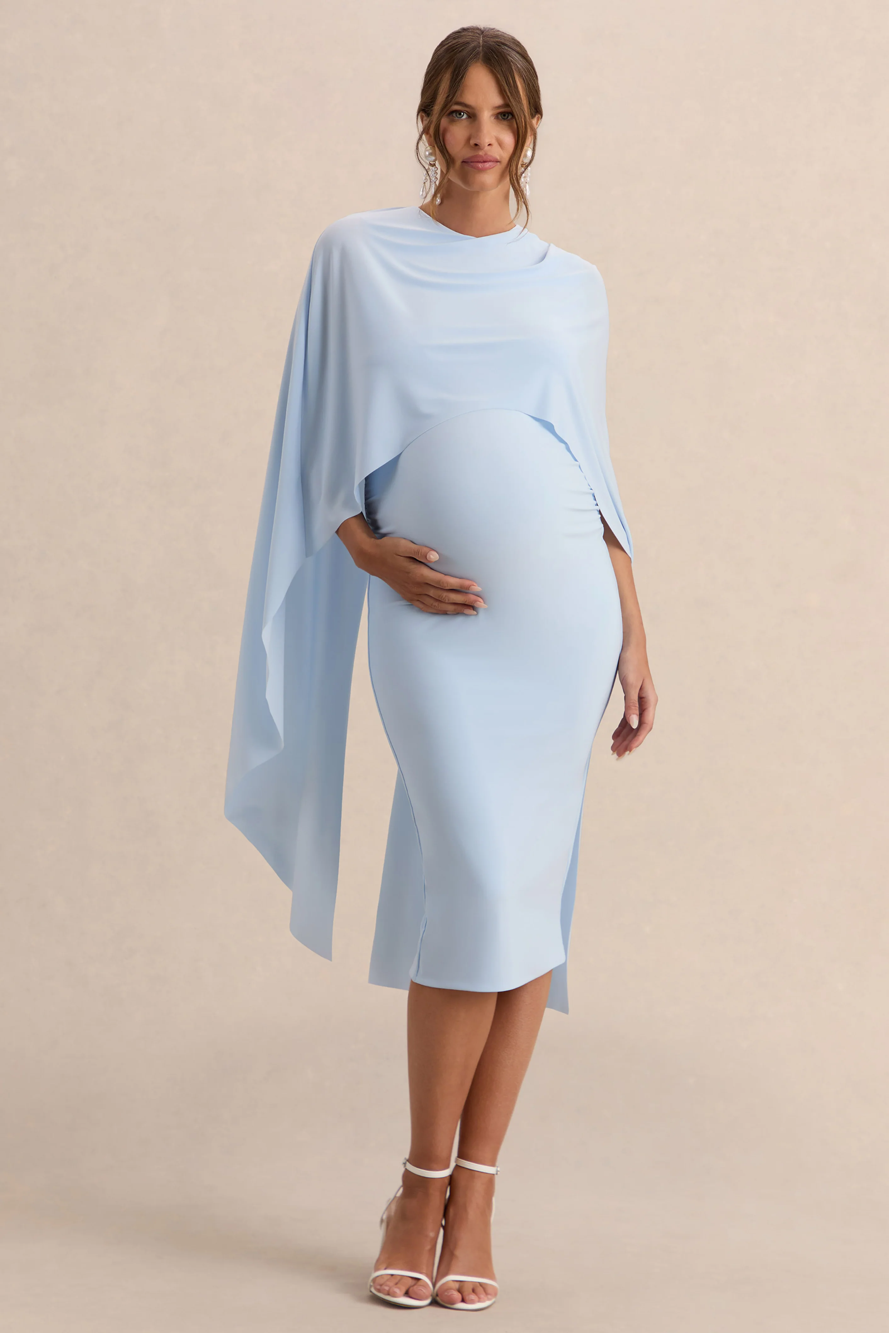 Arwen | Puderblaues Umstands Midikleid mit Rundhalsausschnitt und Cape-Detail - Image 4