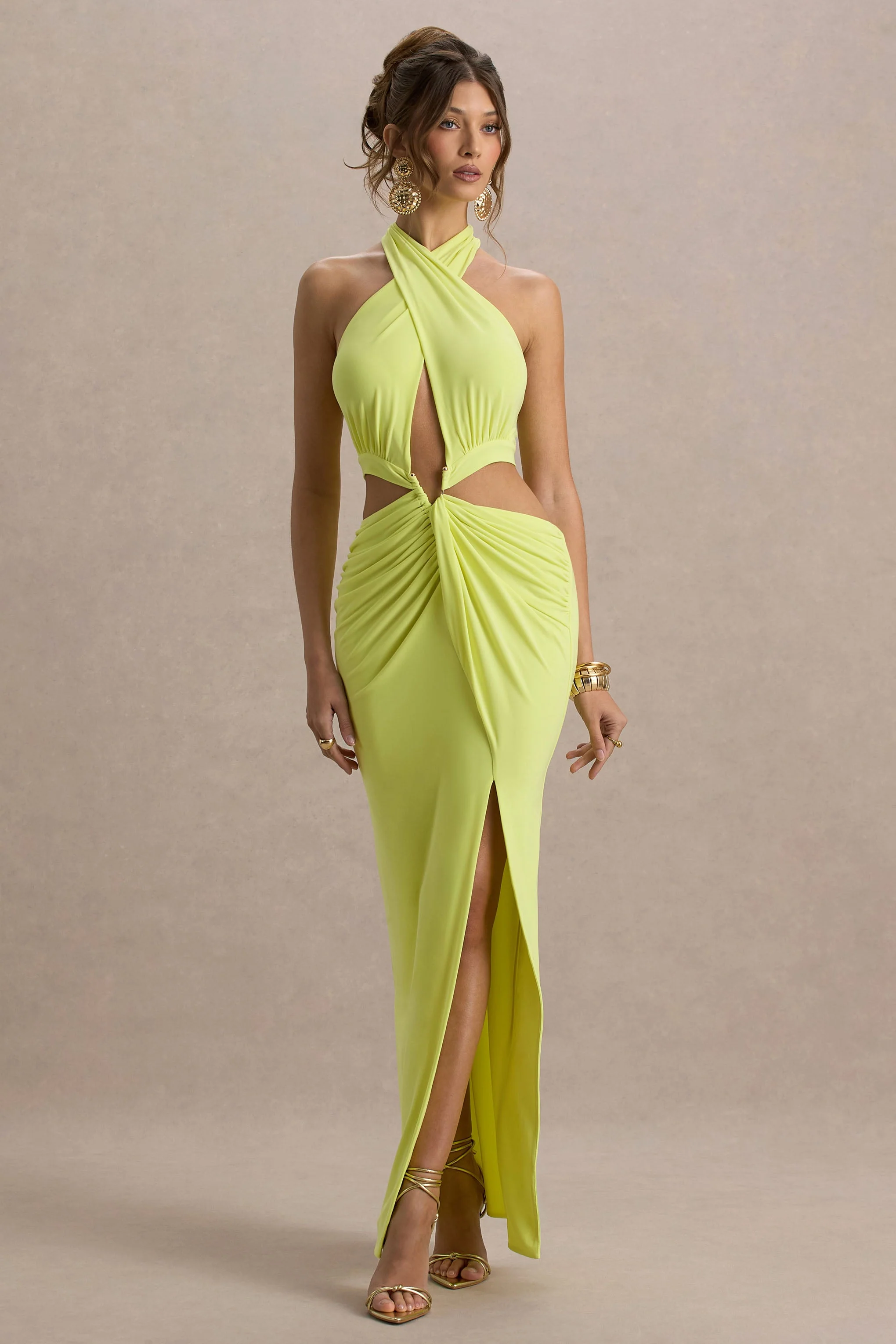 Aura | Limettengrünes Neckholder-Maxikleid mit Cut-Out und Schlitz - Image 4