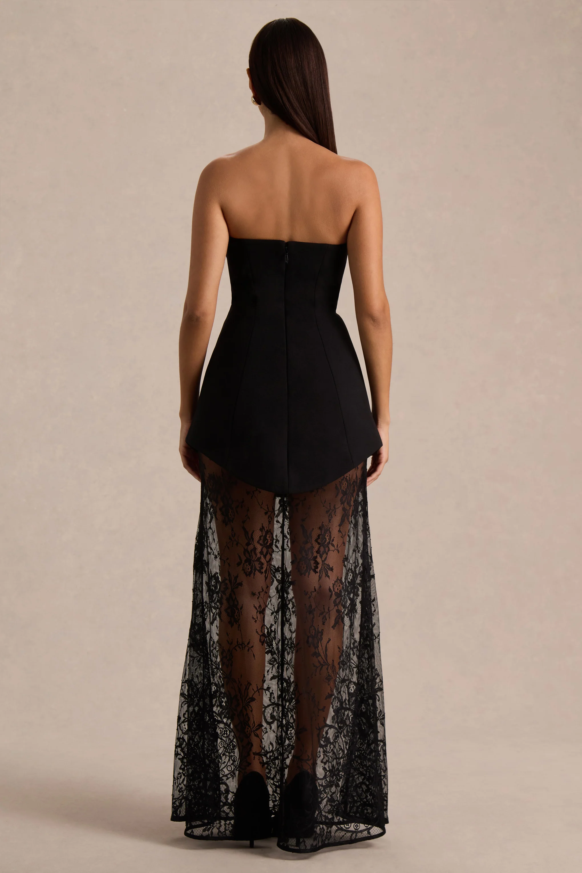 Brandi | Schwarzes Bandeau-Maxikleid mit Spitzenrock - Image 2