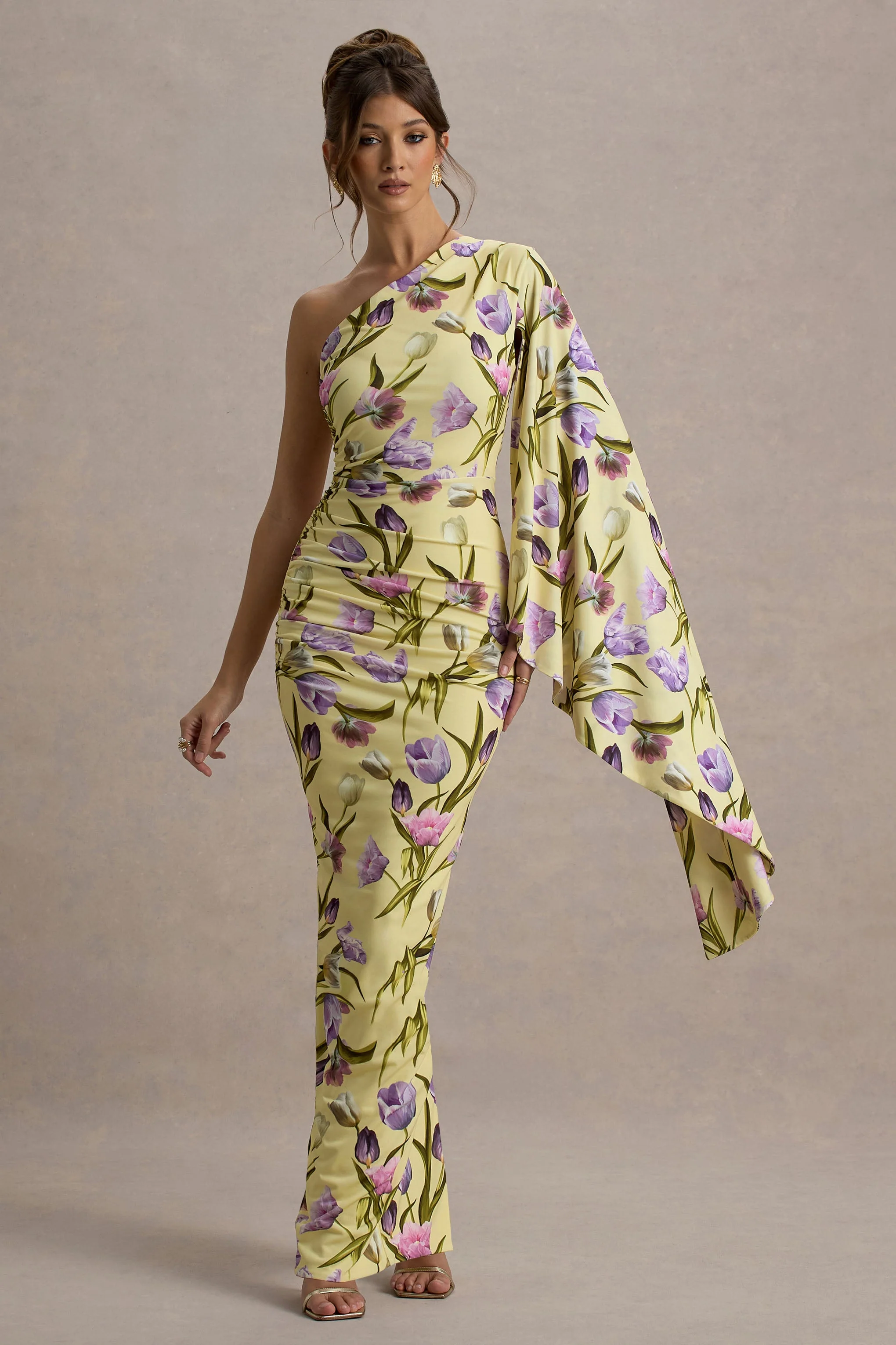 Clementina | Maxikleid mit Tulpen-Blumendruck und asymmetrischem Cape-Ärmel - Image 4