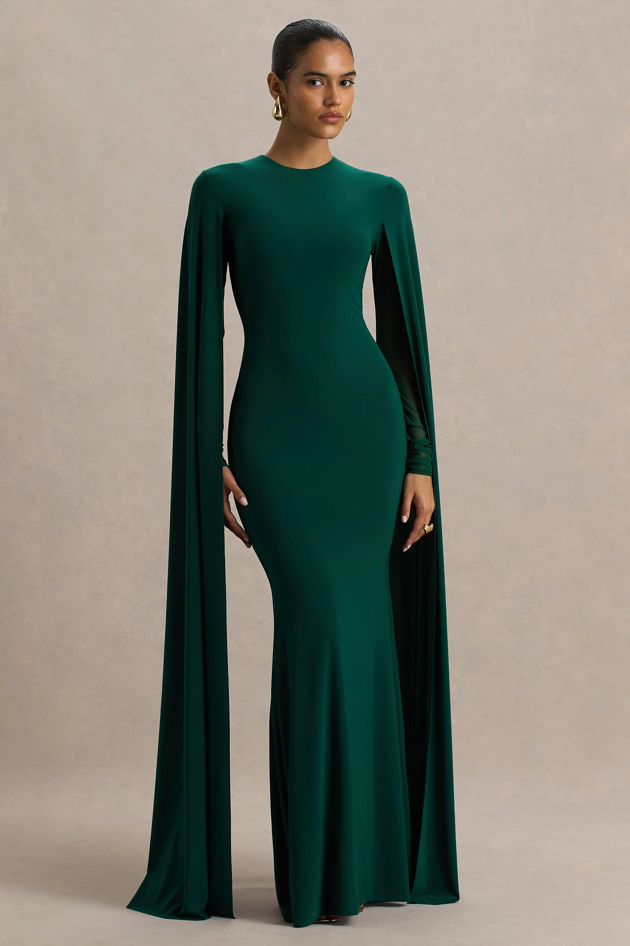 Isla | Flaschengrünes Maxikleid mit Rundhalsausschnitt und Cape-Ärmeln - Image 5