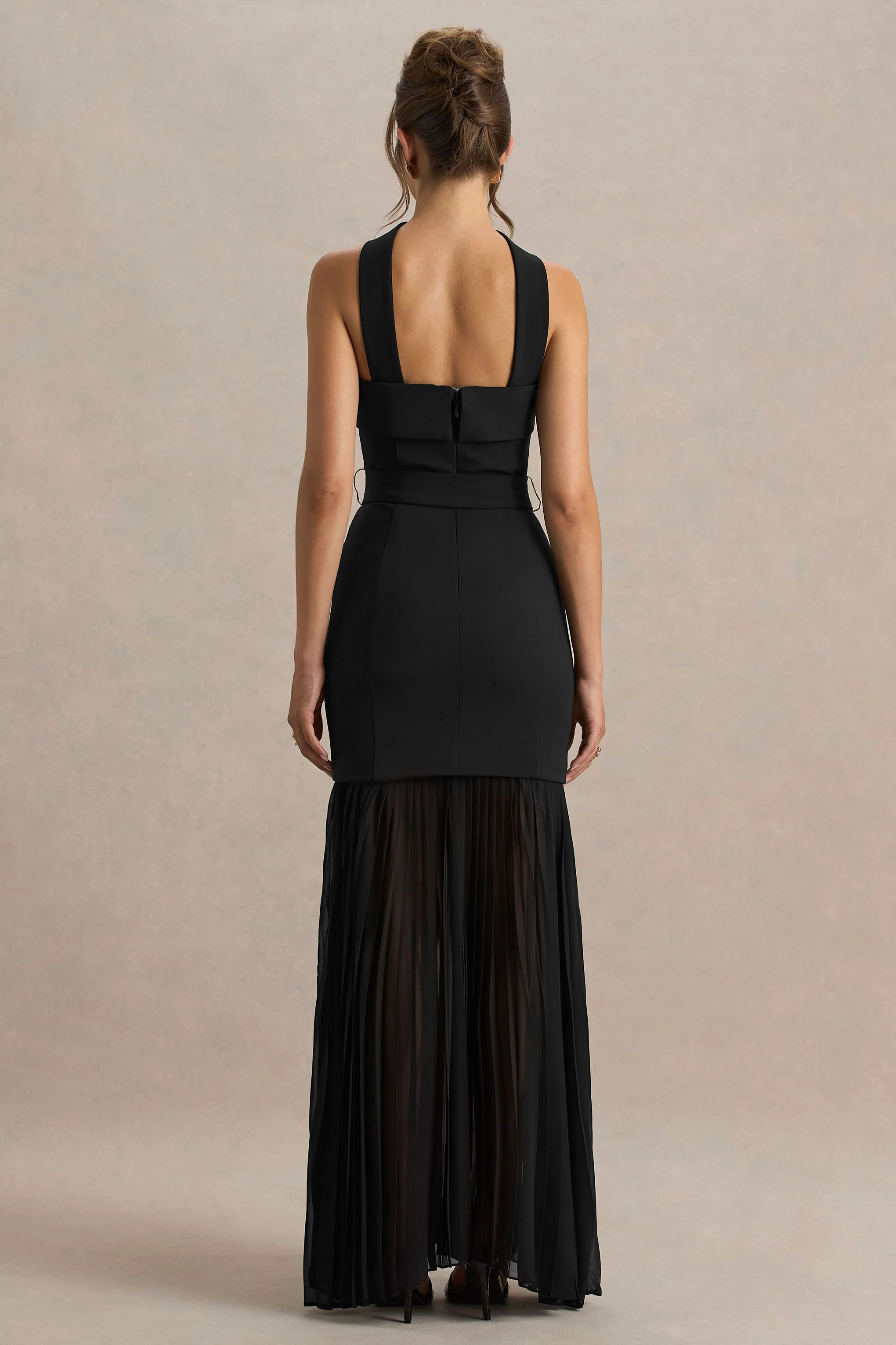 Jaquetta | Schwarzes Maxi-Kleid mit Gürtel und plissiertem Chiffonrock - Image 2
