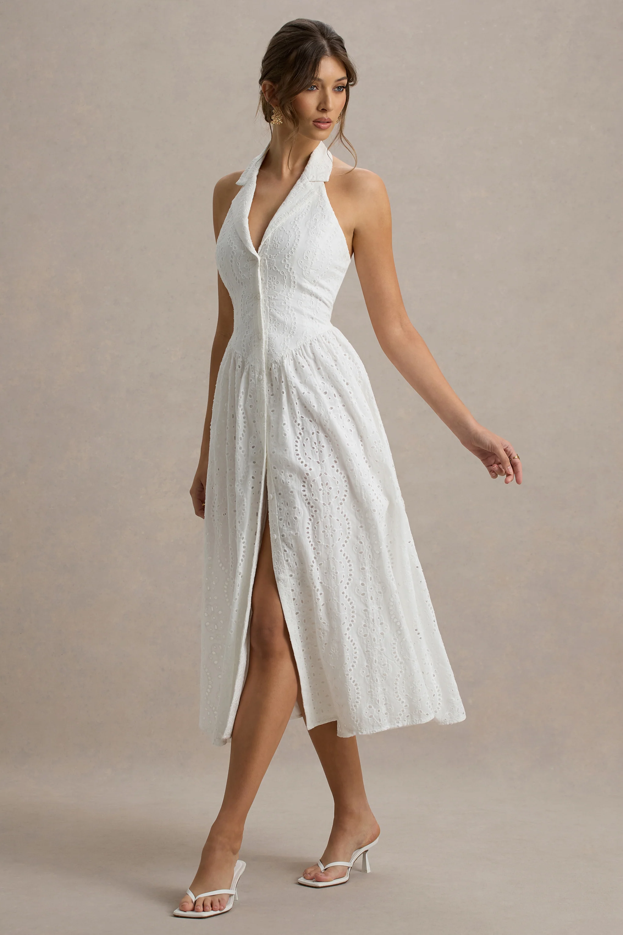 Jezebel | Weiβes Midikleid aus Spitze mit tiefem V-Ausschnitt und Kragen - Image 6
