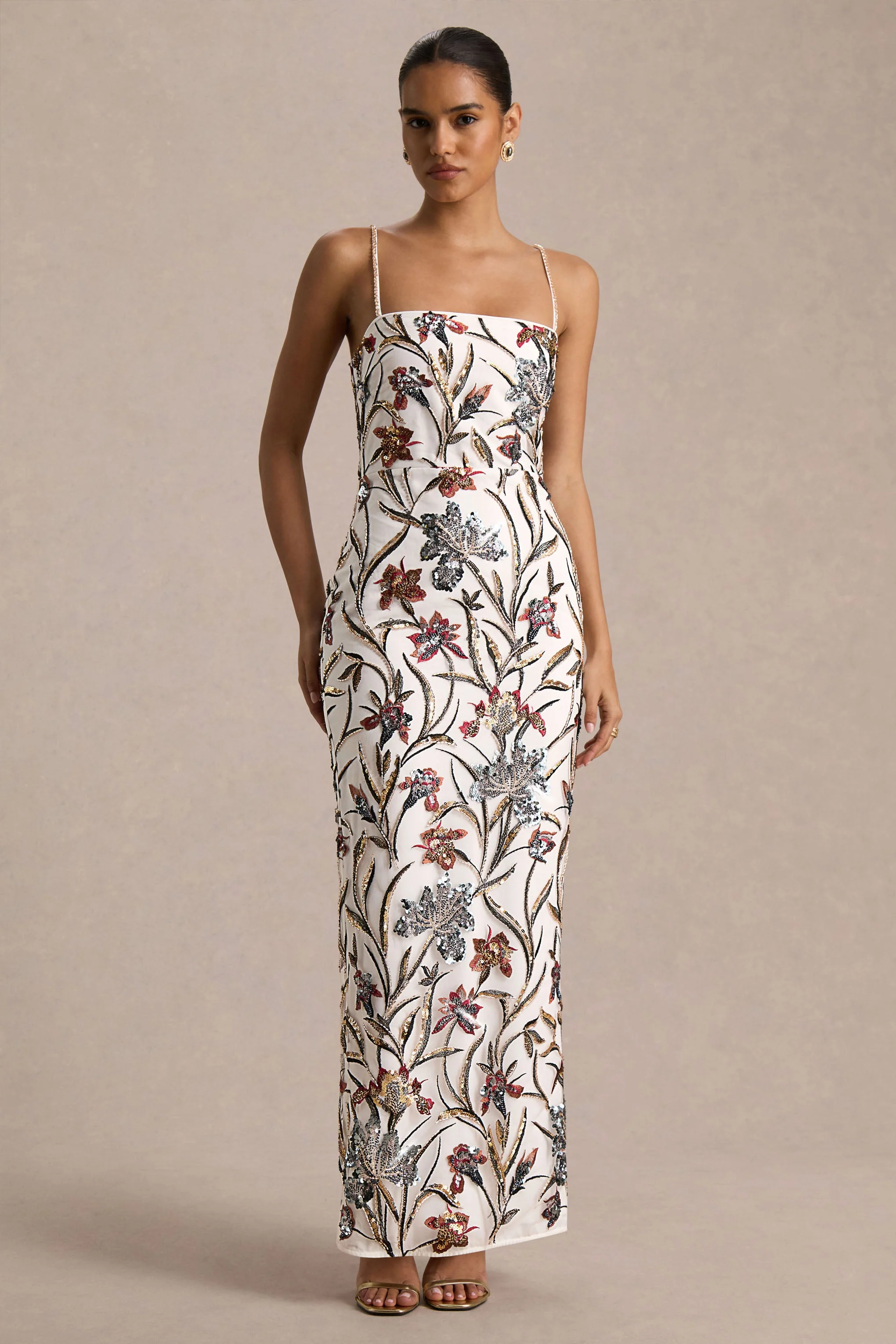 Kyle | Cremefarbenes Maxikleid mit Blumenverzierung und eckigem Ausschnitt - Image 4