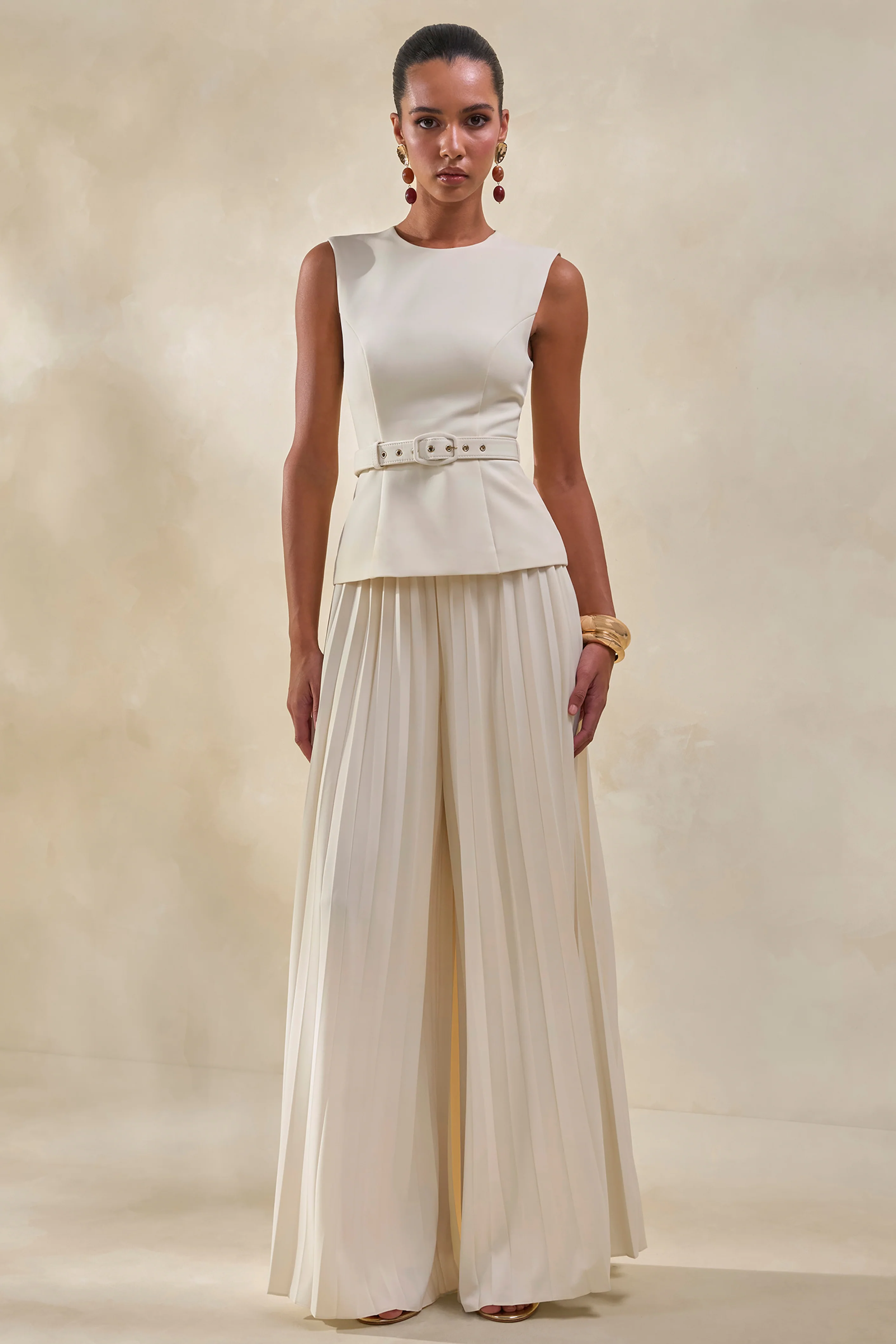 Lerenza | Cremefarbene Satinhose mit weitem Bein und Falten - Image 5