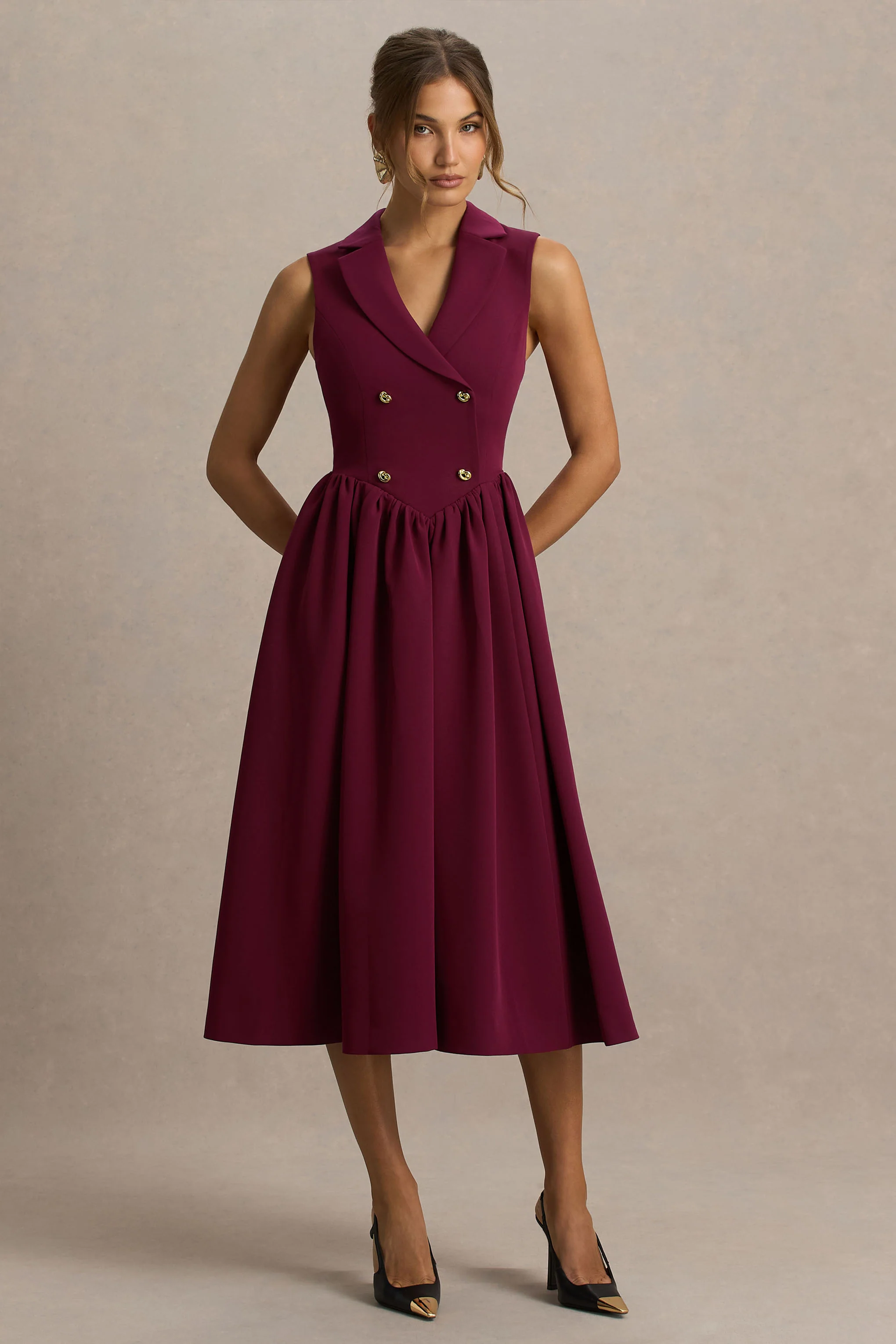 Lisa | Burgunderrotes Midikleid mit tiefem V-Ausschnitt und Kragendetail - Image 5