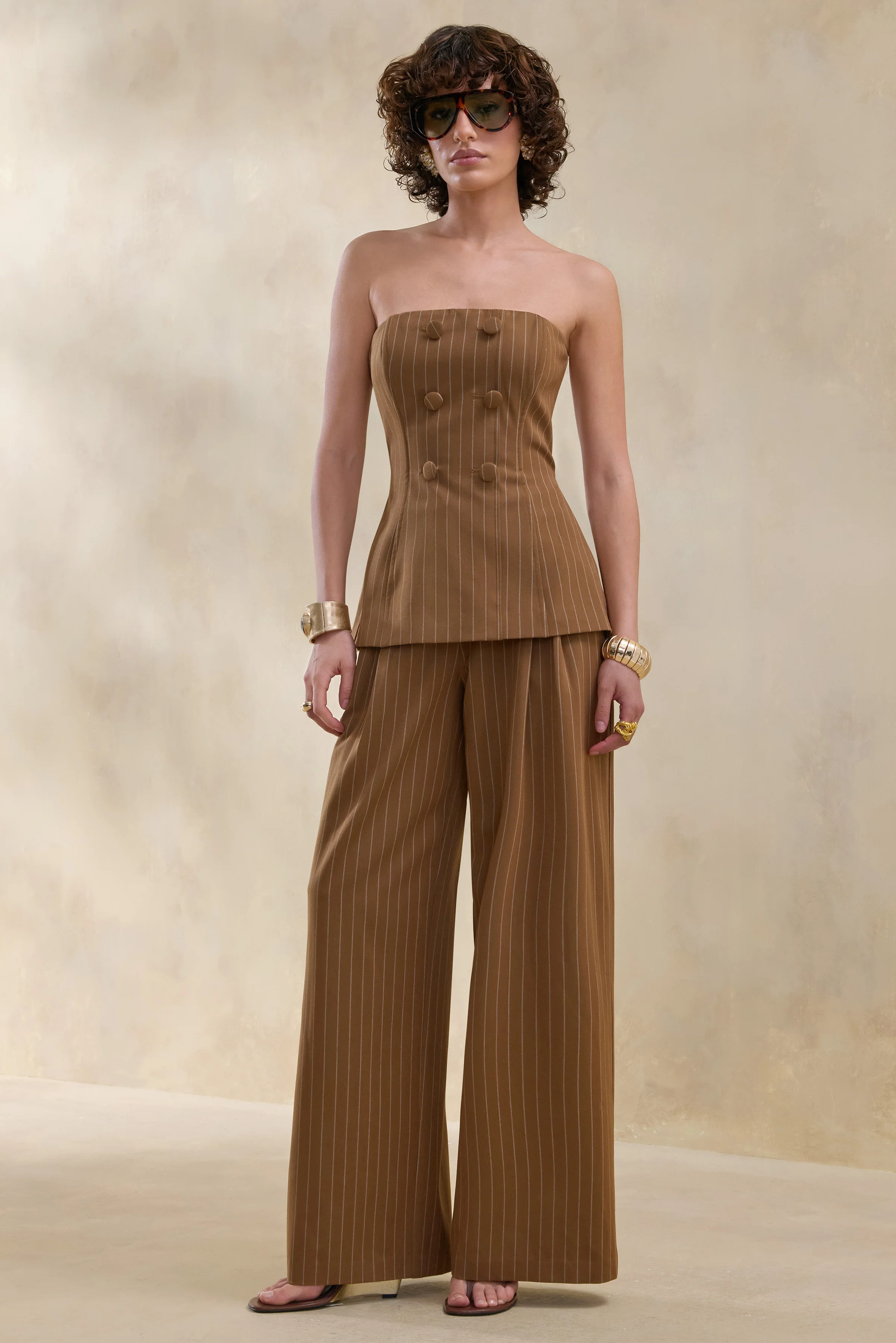 Meliva | Braune Nadelstreifen-Hose mit weitem Bein - Image 5