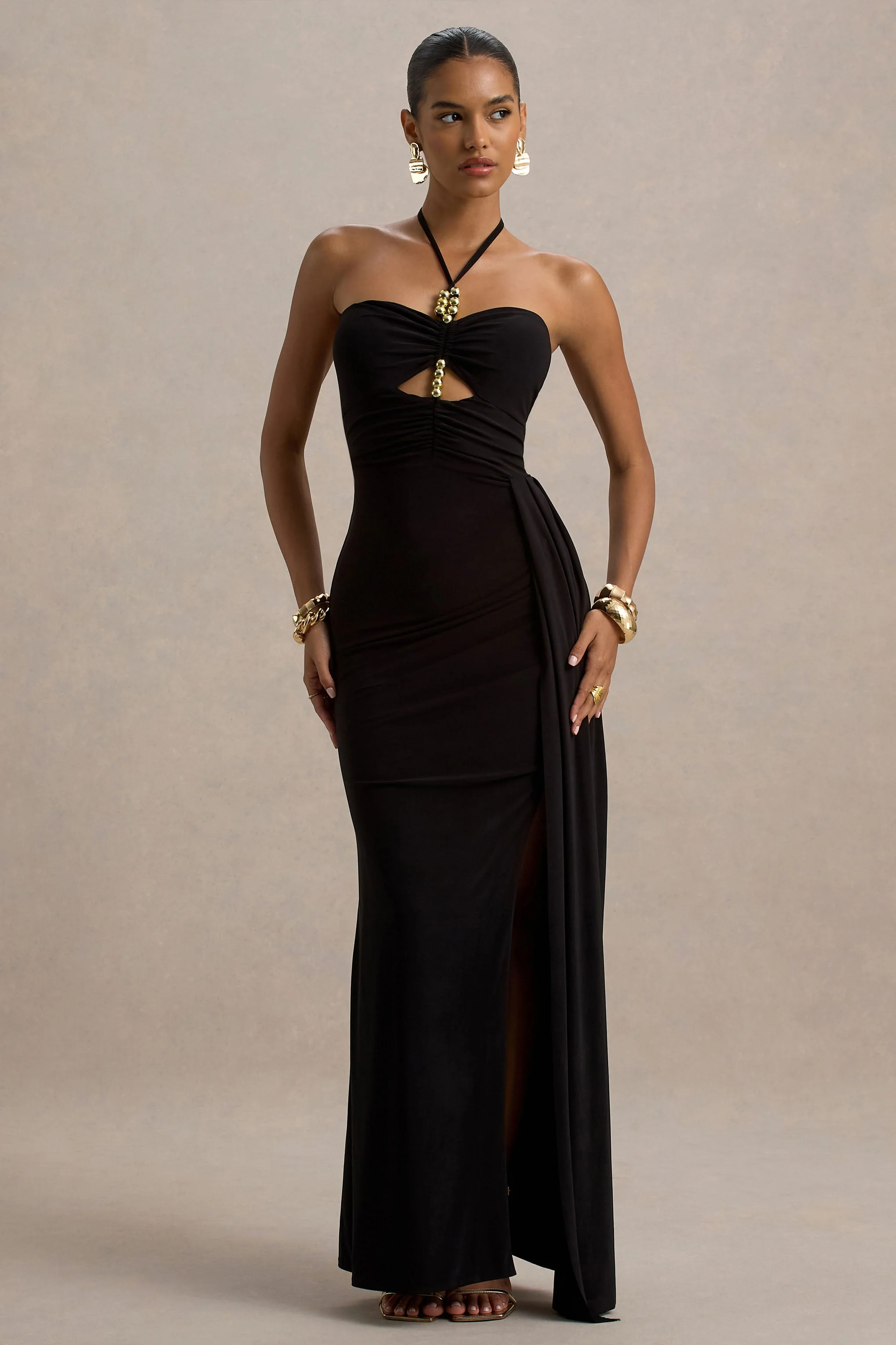 Mohito | Schwarzes Maxikleid mit Halterneck, Cut-Outs und Schlitz - Image 5