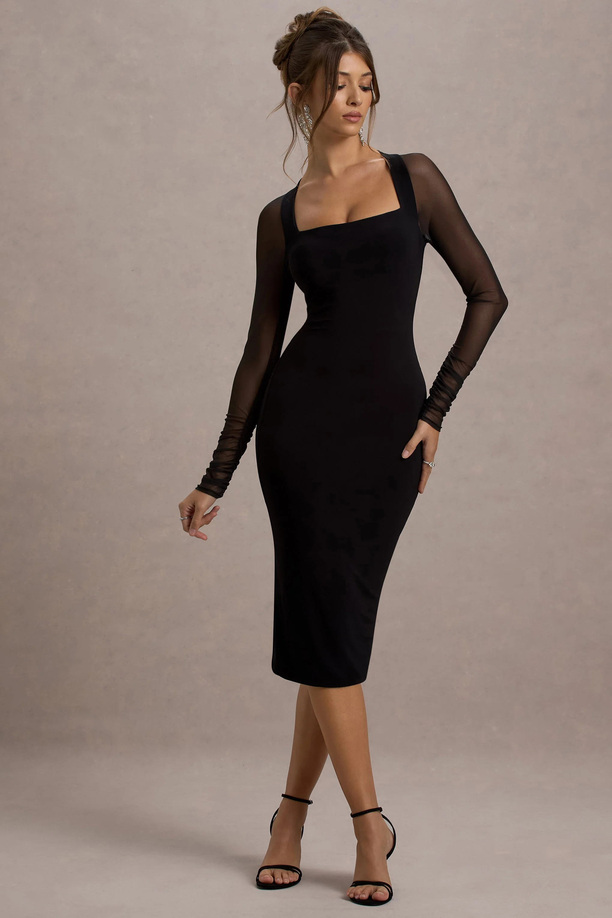 Off Track | Schwarzes Bodycon-Midikleid mit transparenten Ärmeln - Image 6