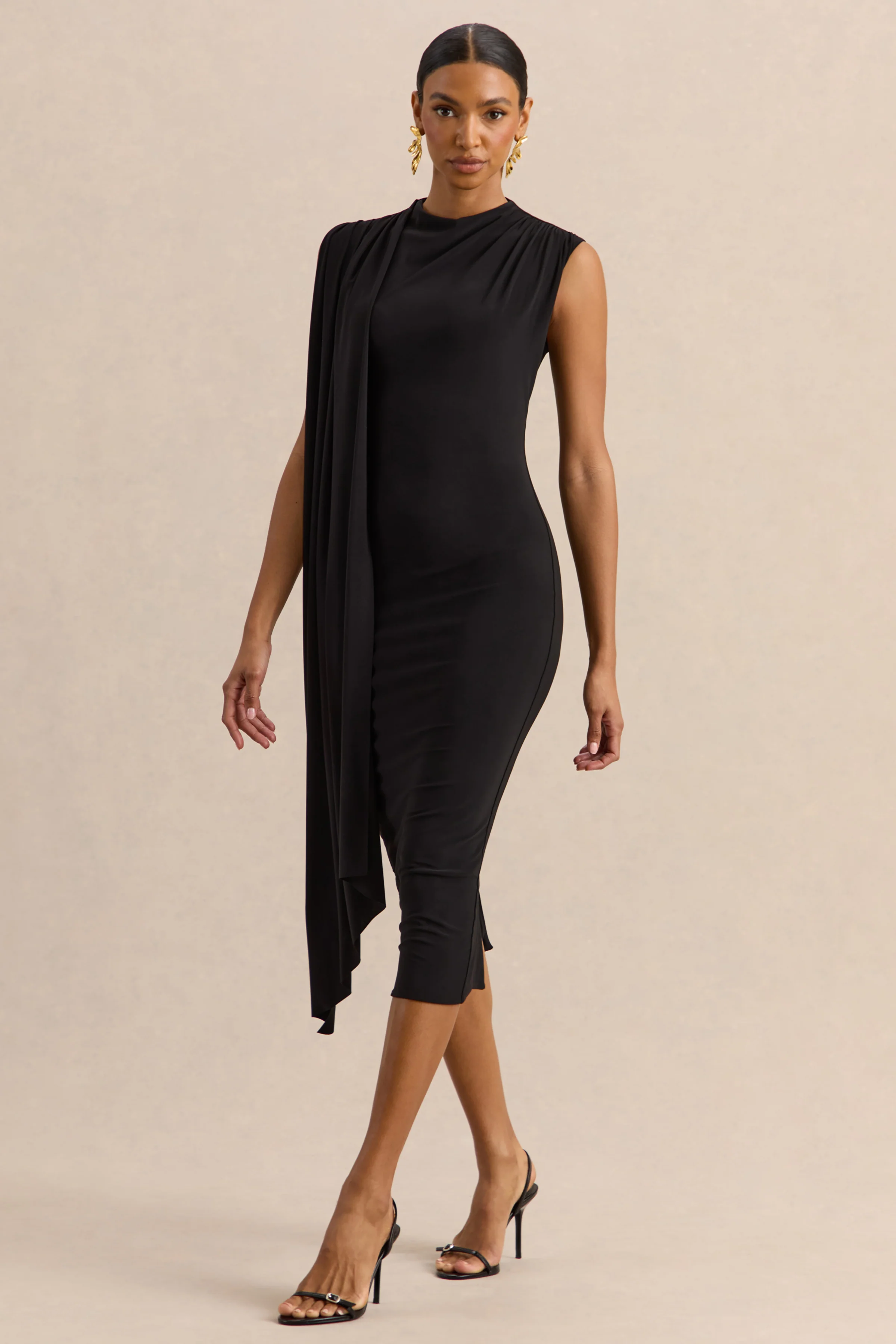 Oleandra | Schwarzes Midikleid mit hohem Ausschnitt und Drapierungsdetail - Image 4