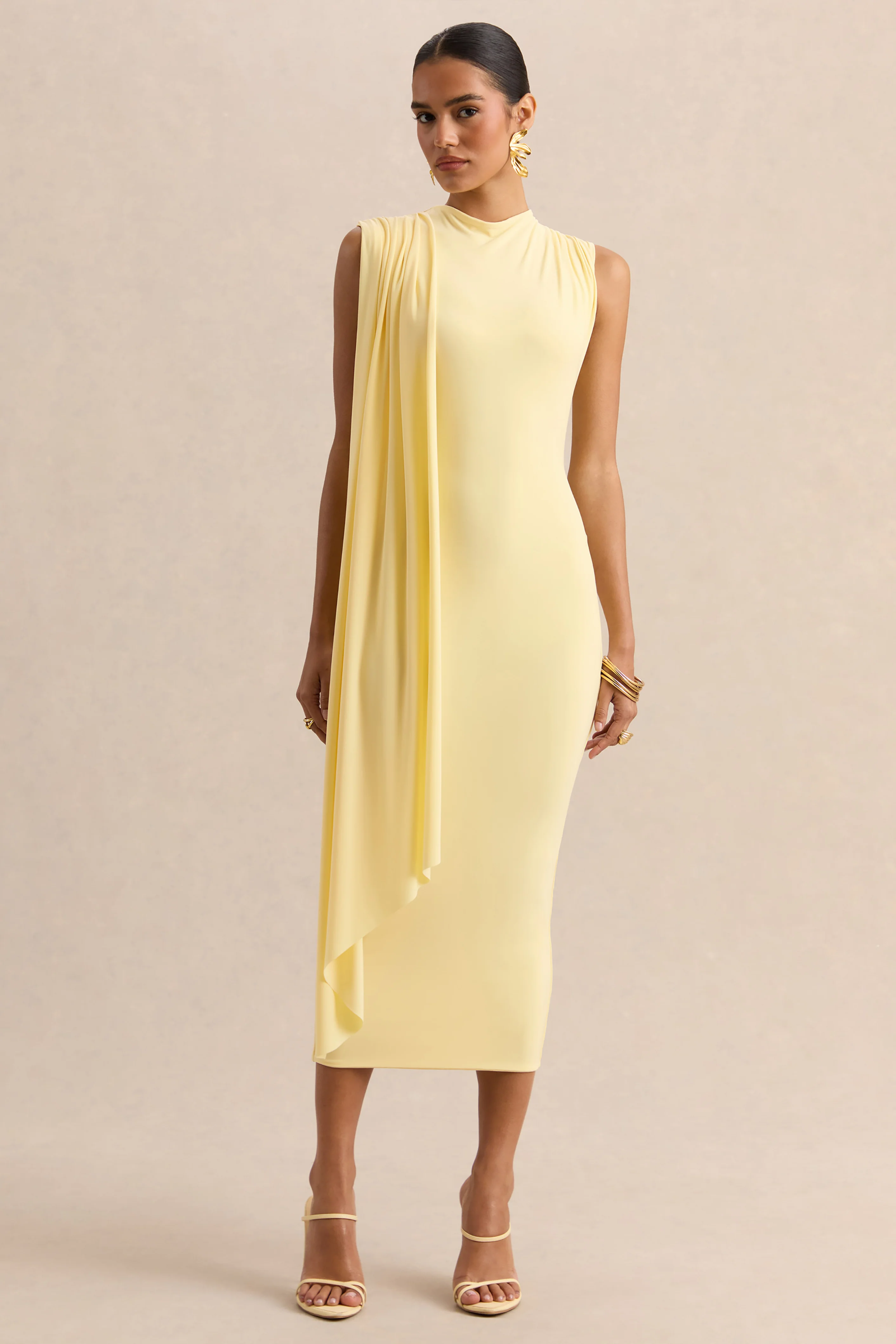 Oleandra | Zitronengelbes Midikleid mit hohem Ausschnitt und drapiertem Detail - Image 6