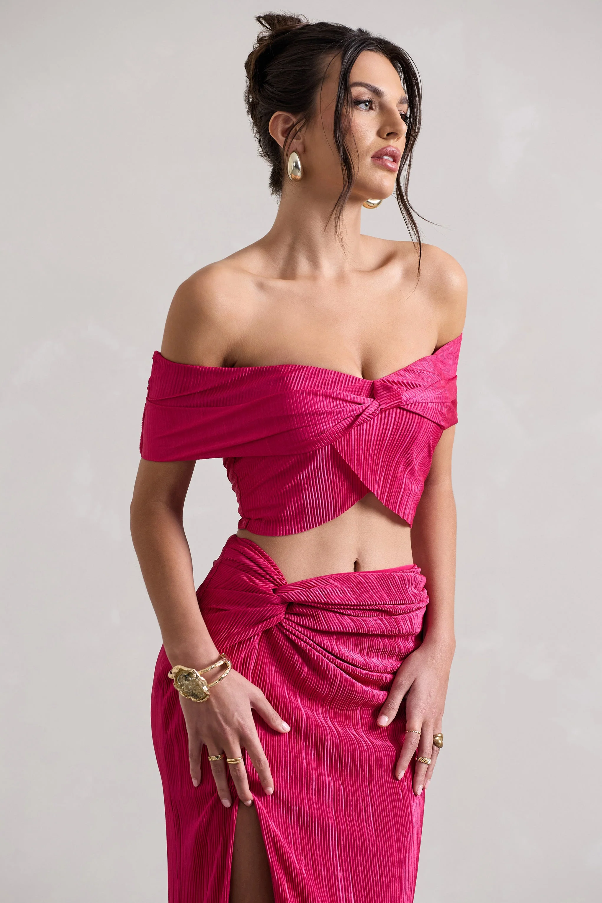 Seara | Rosa Plissee Crop-Top mit gedrehtem Bardot-Ausschnitt - Image 4