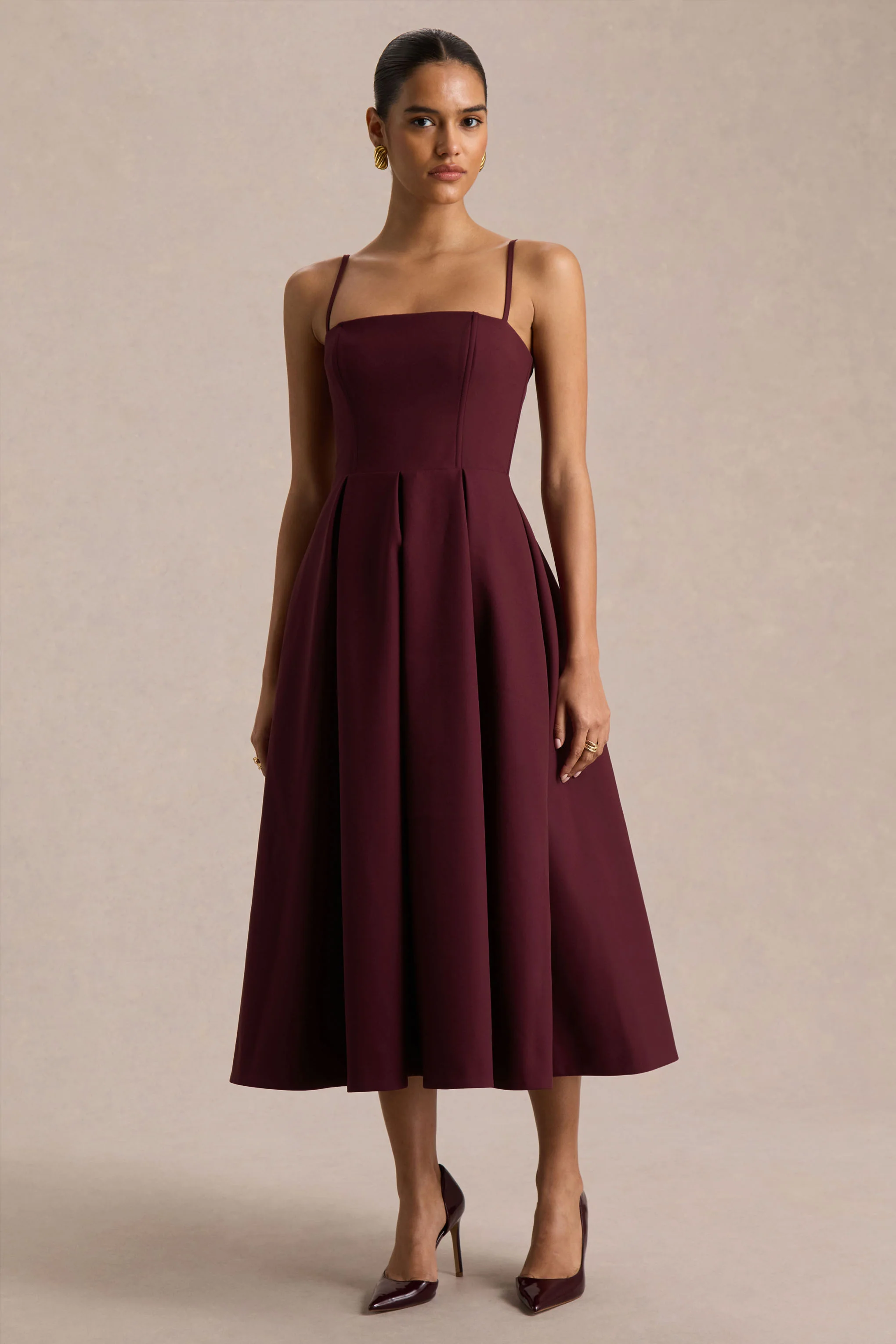 Thalia | Burgunderrotes Midikleid mit hohem Ausschnitt und transparenter Mesh-Cape - Image 4