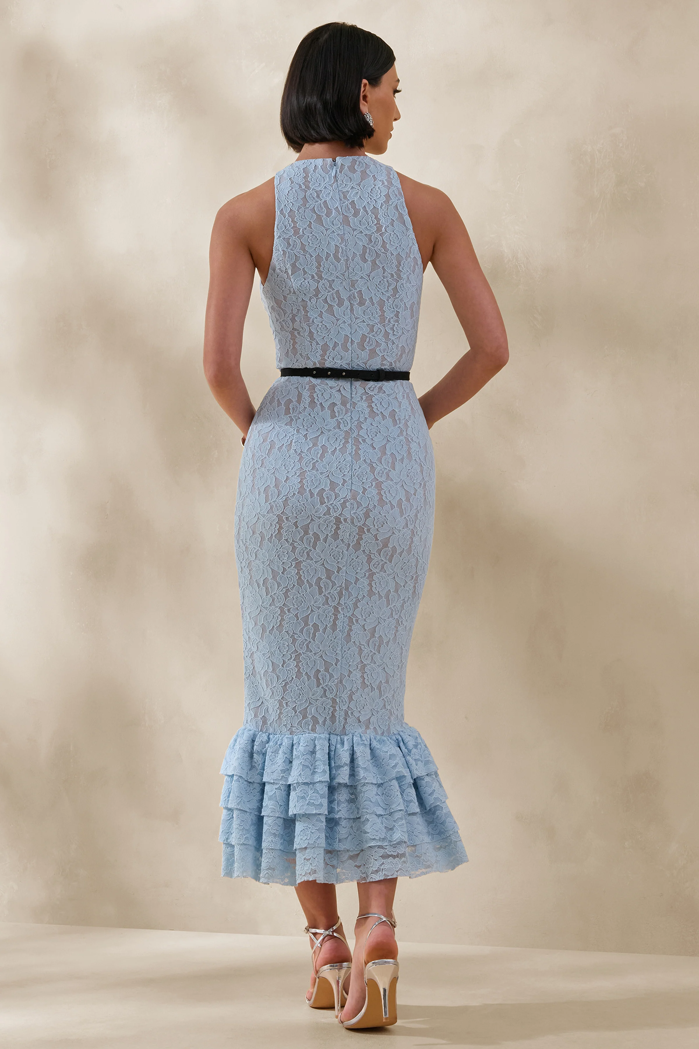 Vionna | Blaues Spitzen-Midikleid mit Racer-Ausschnitt und Schleifengürtel - Image 2