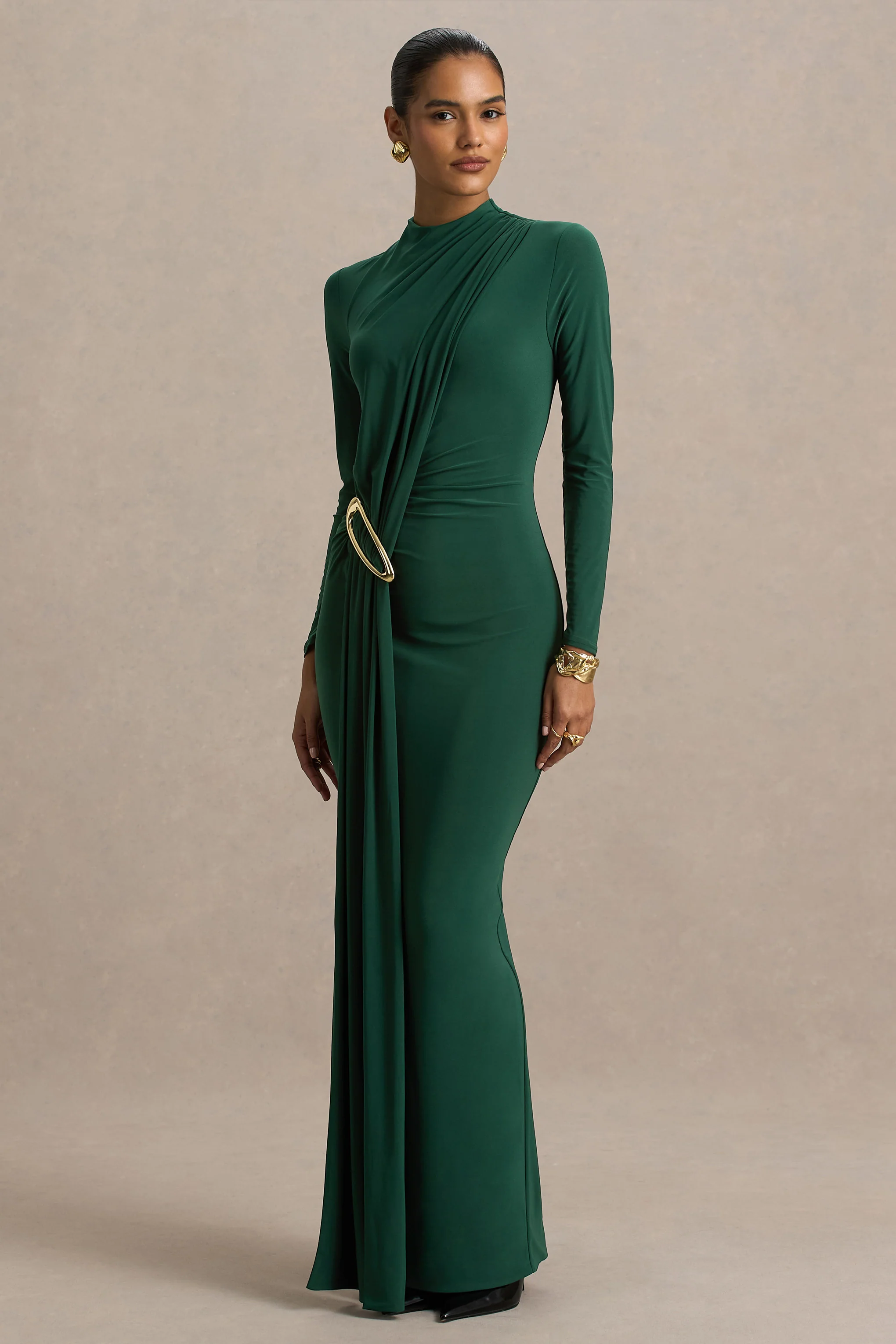 Zadie | Petrolfarbenes Maxikleid mit hohem Ausschnitt und Raffungs-Detail - Image 3