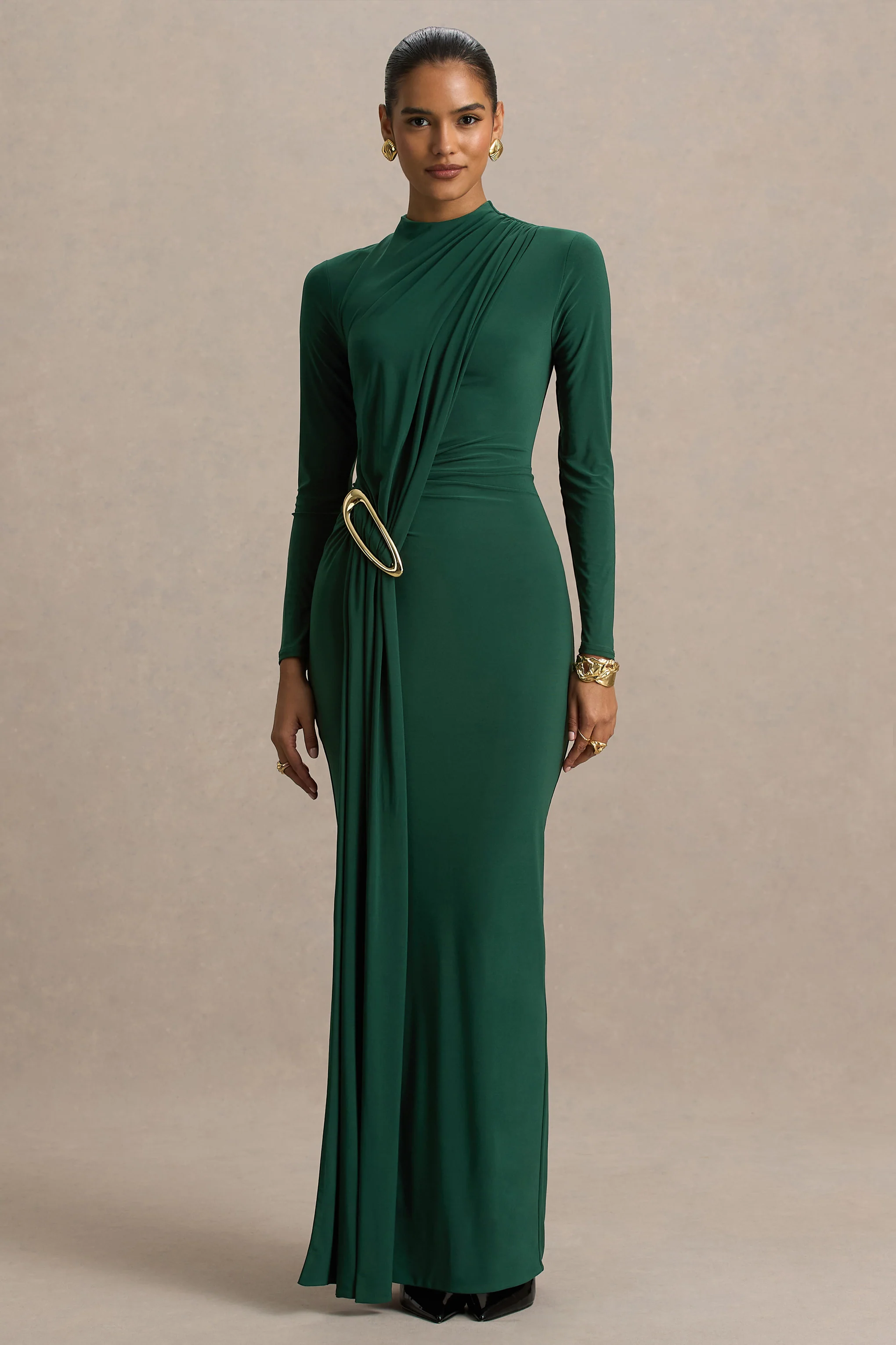 Zadie | Petrolfarbenes Maxikleid mit hohem Ausschnitt und Raffungs-Detail - Image 4